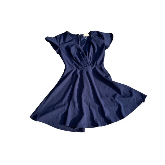 Navy Blue Fit & Flare Dress With Flutter Sleeves & Back Zipper Closure - Picture 1 of 6